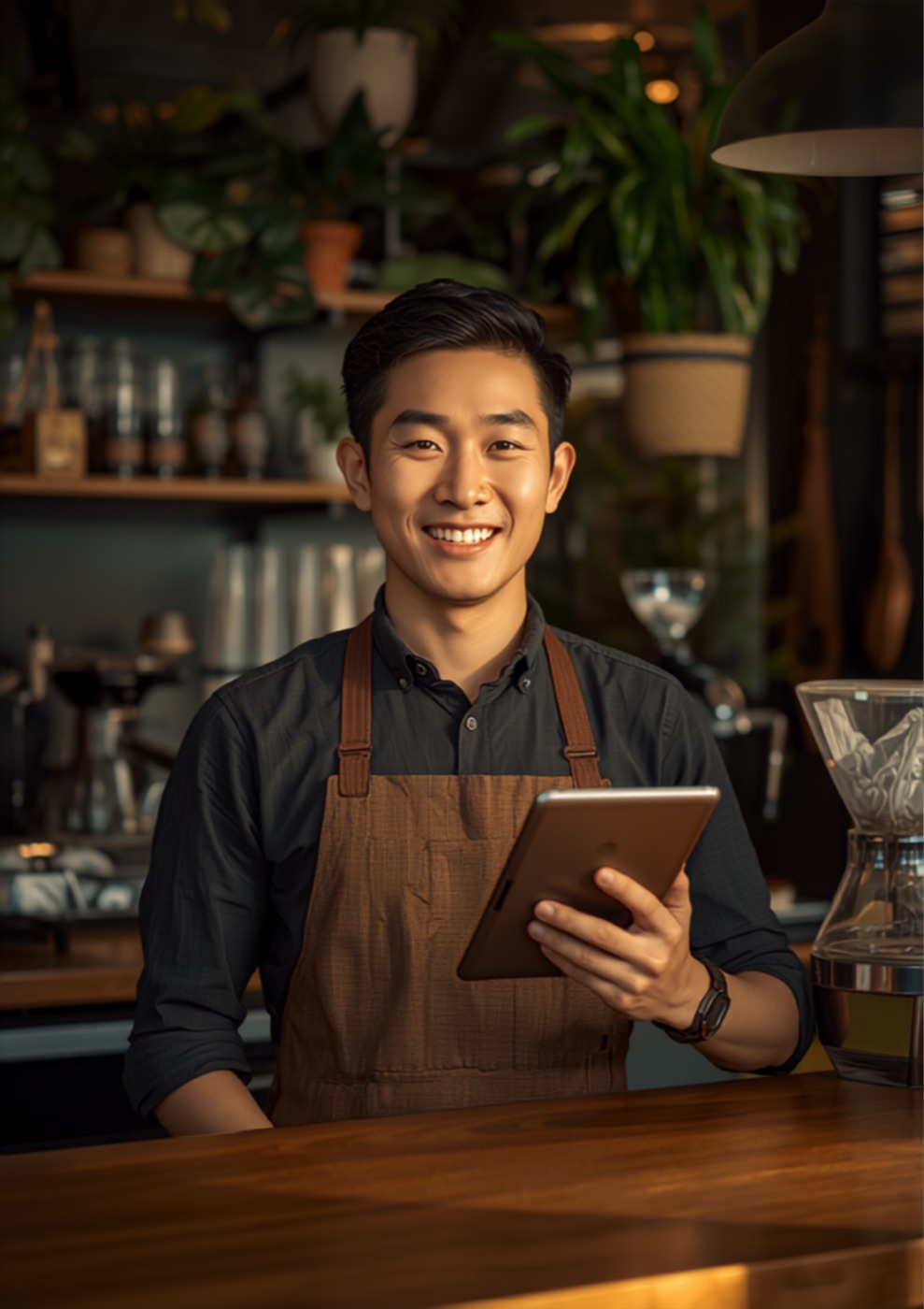 A cafΓ© owner accepting a stablecoin QR payment with AURA Pay